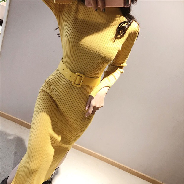 Dress Rajut Panjang Winter Knit Turtleneck dress women with belt