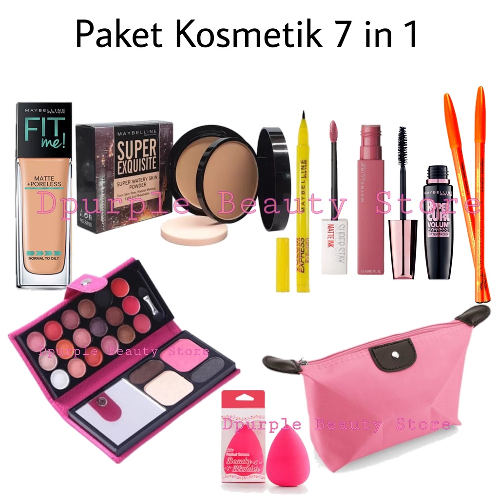 Paket Kosmetik Maybelline Super Hemat Lengkap 10 In 1 - Bedak Tabur - Bedak Padat &amp; Basah - Fondation - Concealer - Contour - Eyeshadow Dompet - Maskara - Eyeliner - Lipcream - Pensil Alis - Beauty Blender - Tas Kosmetik Pouch