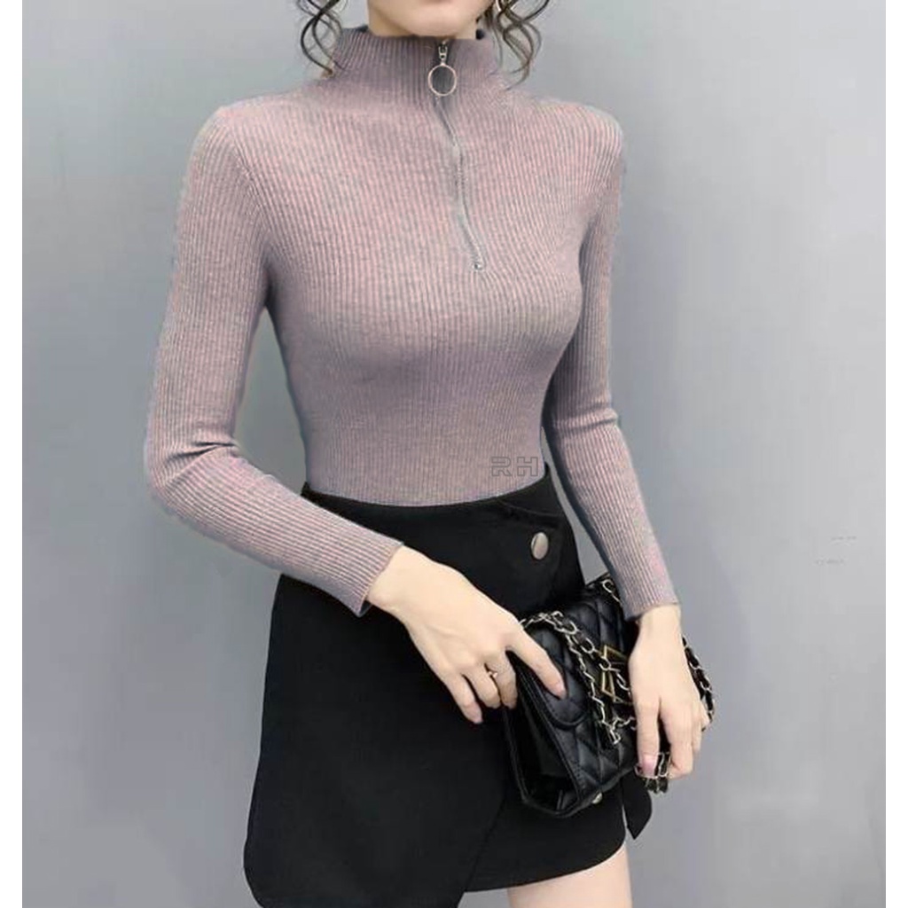atasan rajut wanita lengan panjang RH kerah tinggi zipper salur sweater polos turtleneck resleting sweater rajut wanita