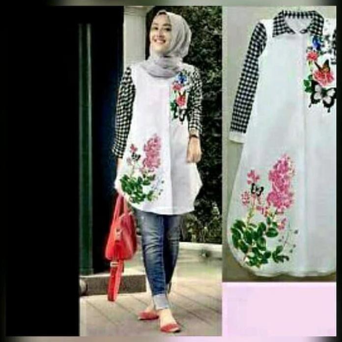 ANGGUN CA123 FASHION TANAH ABANG DM BAJU MUSLIM MURAH TUNIK FLOWEN HITAM BAGUS