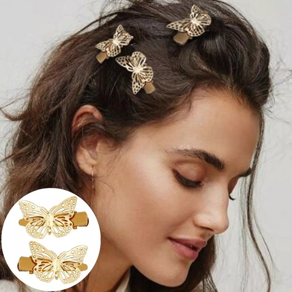 1pc Jepit Rambut Desain Kupu-Kupu Hollow Bahan Alloy Metal Warna Emas Gaya Korea Untuk Pengantin