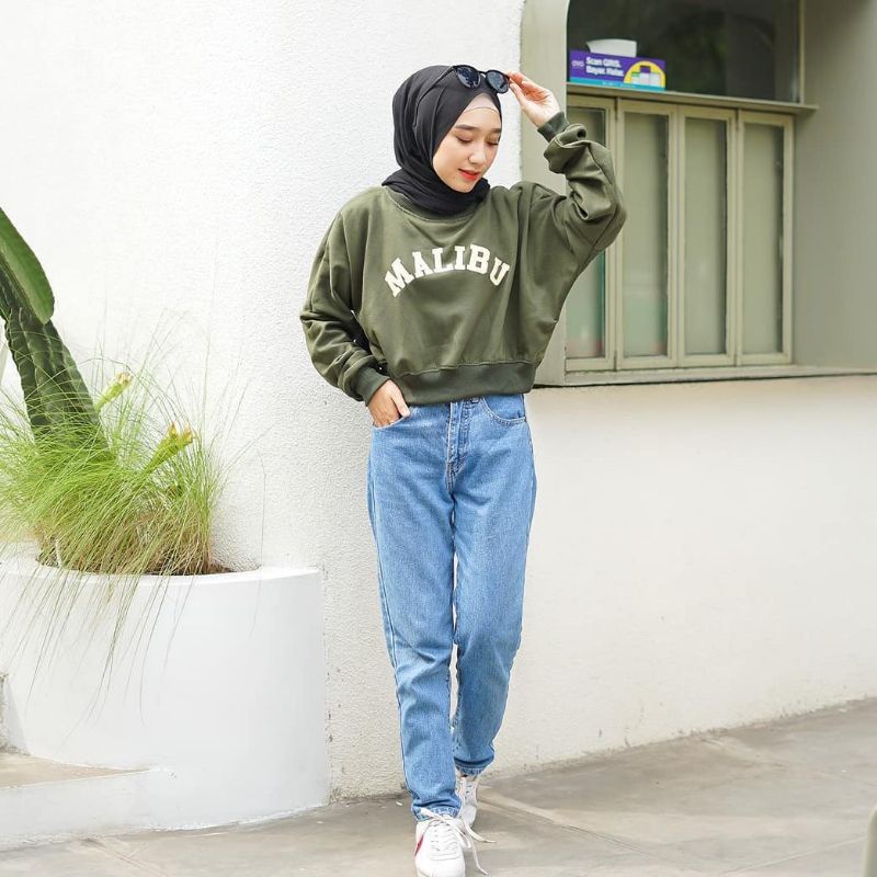 ARMY MALIBU CROP OVERSIZE SWEATER FLEECE WANITA TEBAL TERBARU'