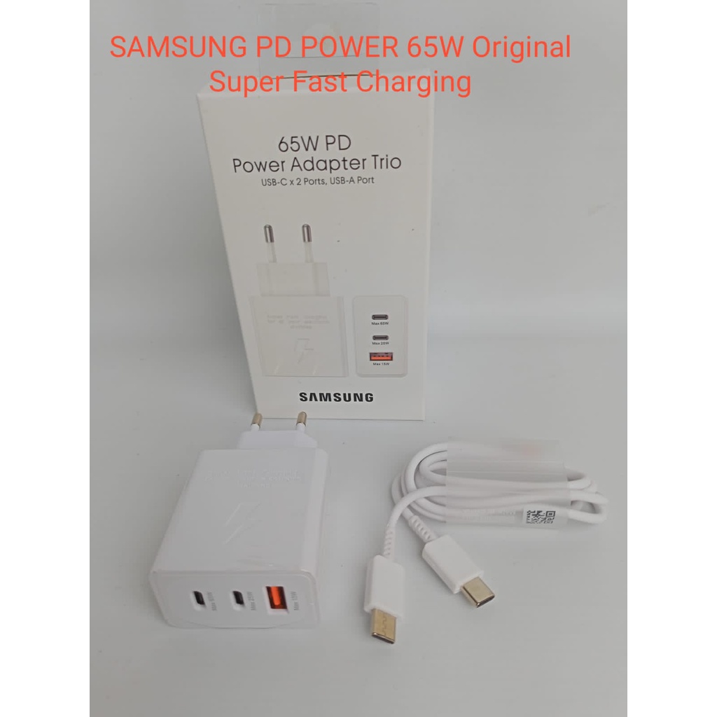 CHARGER SAMSUNG 65W 3in1 PD POWER ADAPTOR TRIO PORT USB-C 2PORT USB-A PORT + KABEL TYPE C TO C SUPER FAST CHARGING ORIGINAL