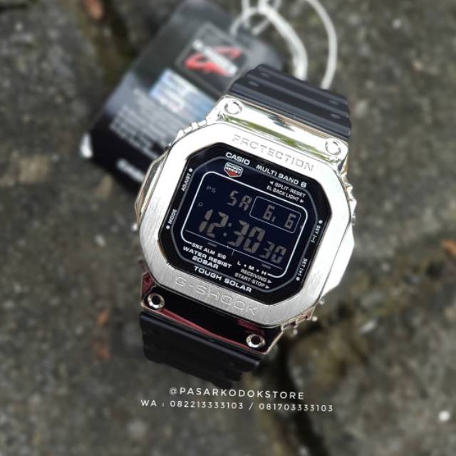 JAM TANGAN CUSTOM G SHOCK GW-M5610-1B + BEZEL METAL SILVER