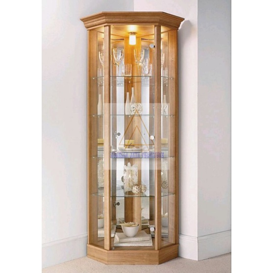 lemari sudut kaca segi 5 / lemari pojok ruangan minimalis / lemari sudut lampu murah / lemari hias p