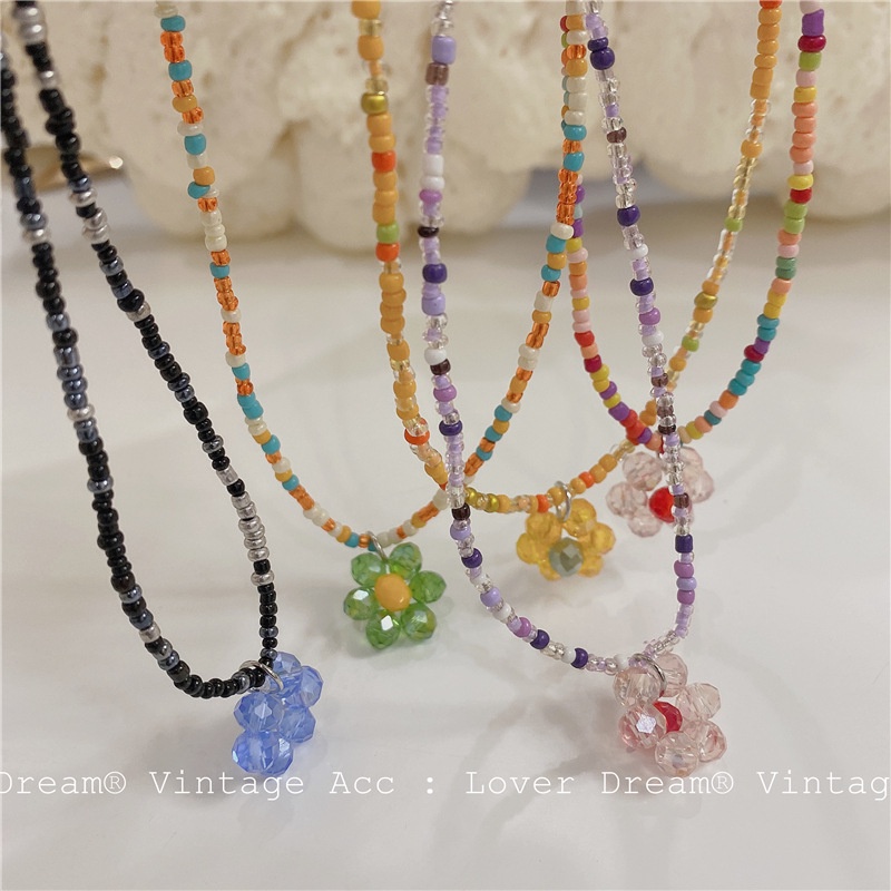 Korea Vintage Color Ceramics Rice Bead Crystal Necklace Flower Pendant Necklace