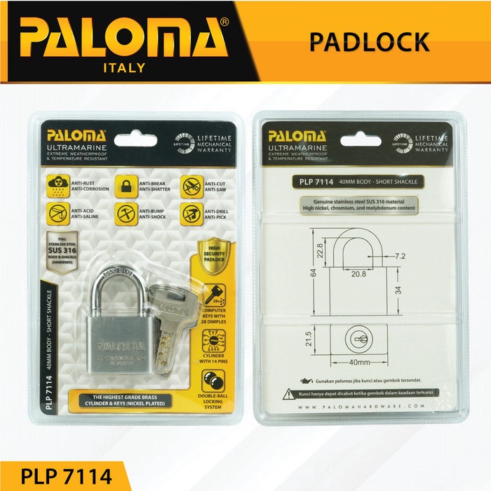Paloma Gembok Kunci PadLock PLP 7114 Ultramarine 40MM SHORT SSS