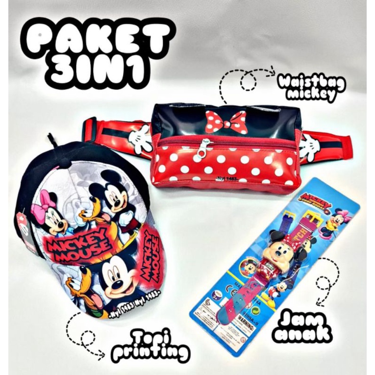 Paket Murah 3in1 tas selempang waistbag anak Perempuan + topi dan jam tangan