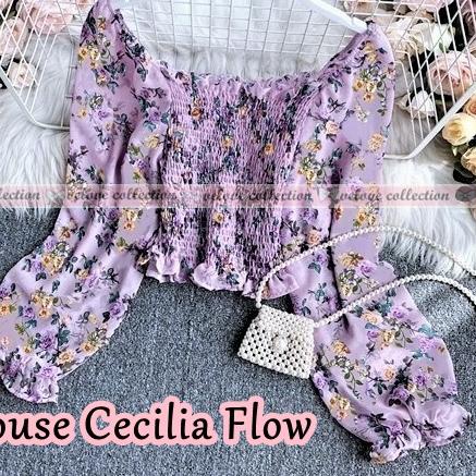 ✷ KALANTHA FASHION Blouse Serut Karet Sabrina Lengan Panjang Motif Bunga Bahan Sifon Casual Ω