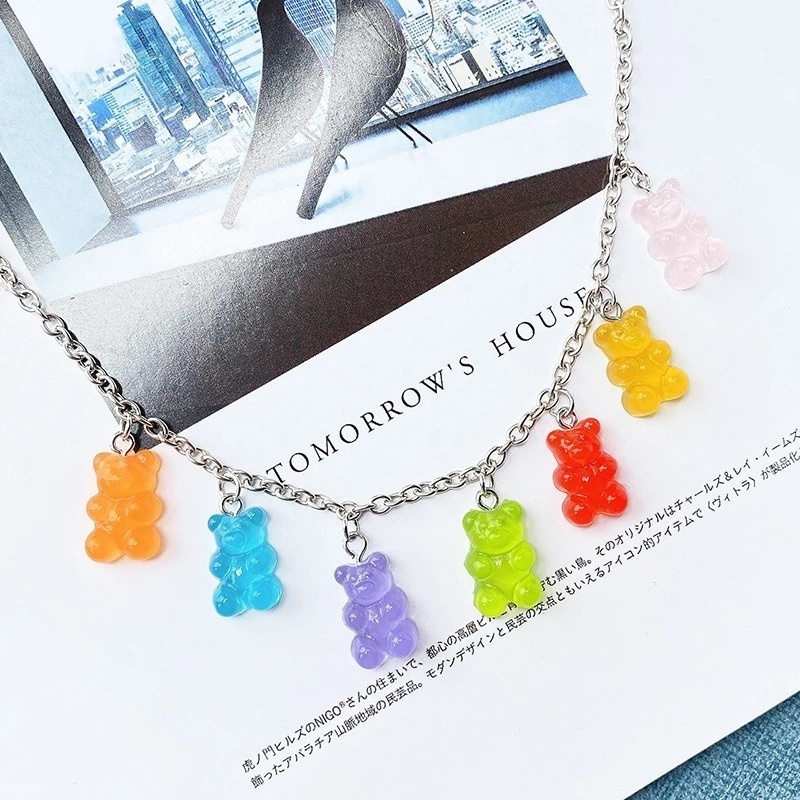 Kalung Choker Handmade Dengan Liontin Kartun Gummy Bear Warna Permen Gaya Korea