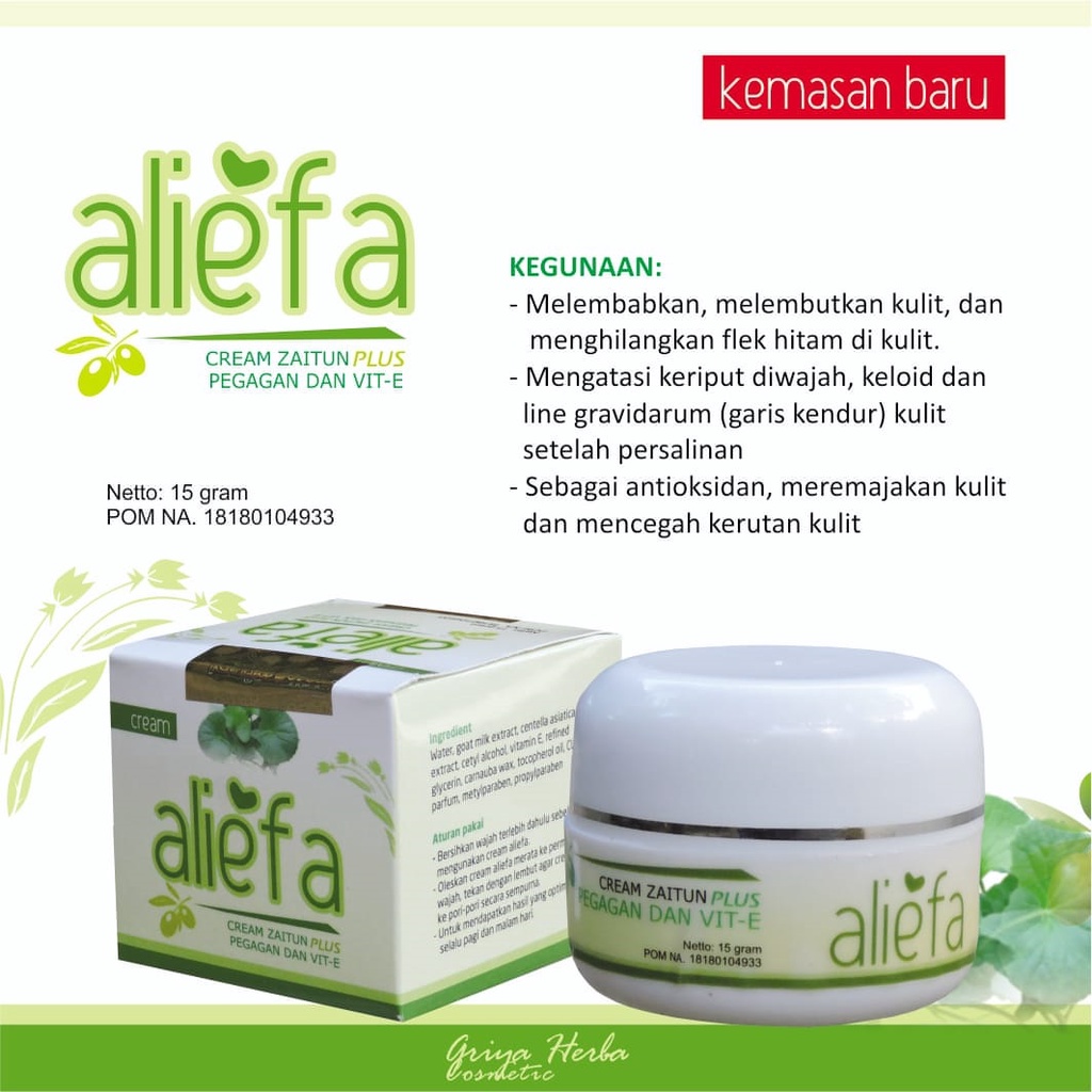 vitamin e ALIEFA Cream Wajah Zaitun Plus Pegagan dan Vitamin E Krim Pelembab Muka Berat 15 Gram Orig