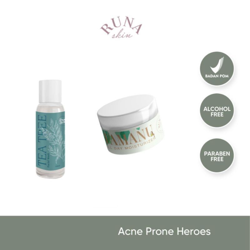 Runaskin Acne Prone Heroes (bundling Tea tree facewash+tamanu moist 10gr)