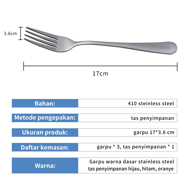 Letyeah &amp; Anantagt sendok garpu set stainless/Set 3 garpu stainless steel/garpu makan/set alat  Garpu makan stainless/stainless steel/Garpu Buah Stainless
