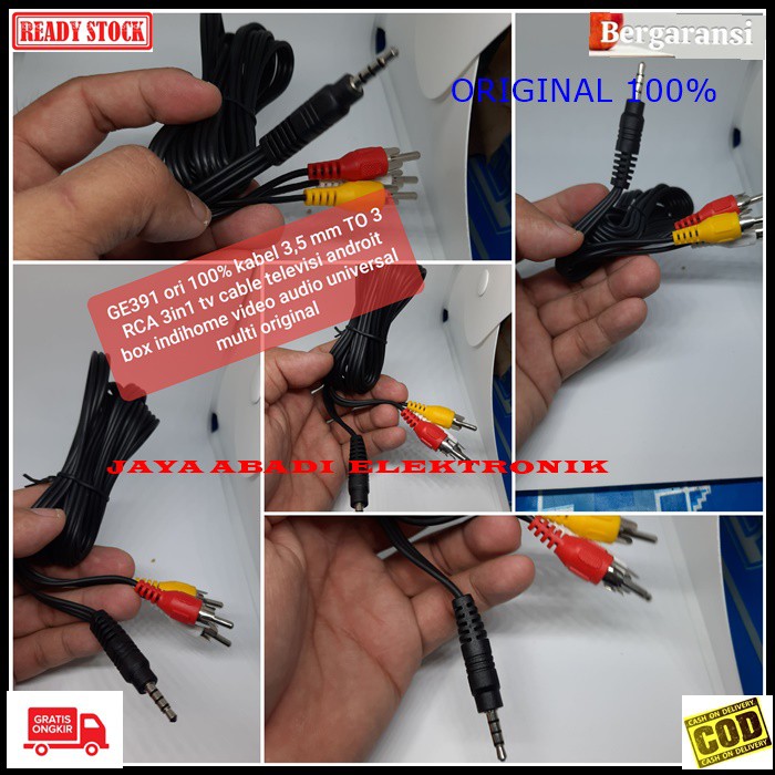 G391 kabel 3,5 mm TO 3 RCA 3in1 tv cable televisi androit box indihome video audio universal multi original  Bisa dipakai segala gadget yg menggunakan kabel jenis ini  kabel ini di gunakan untuk pemakaian android box menggunakan TV tabung non hdmi, bisa u