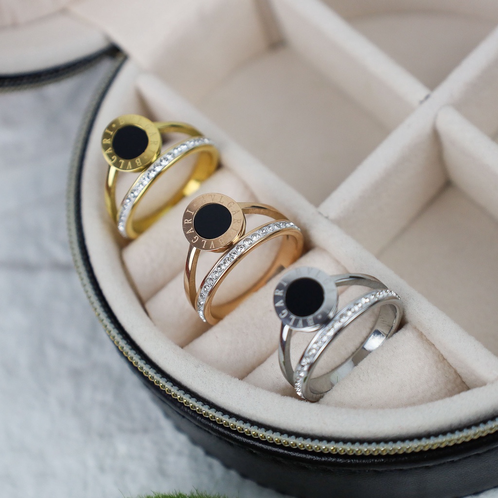 Cincin bvlg@@R!! bulat hitam dengan zircon titanium korea anti karat harga grosir bisa cod