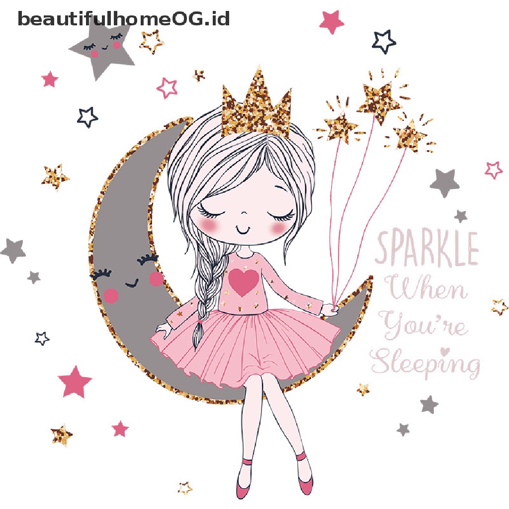 Stiker Dinding Desain Kartun Princess on the moon Untuk Dekorasi Kamar Anak Perempuan