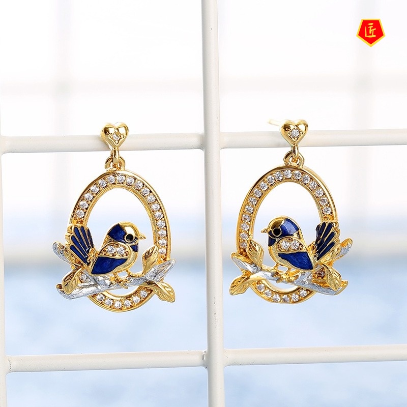 [Ready Stock]Creative Bird Branch Diamond Stud Earrings Two-Tone Elegant