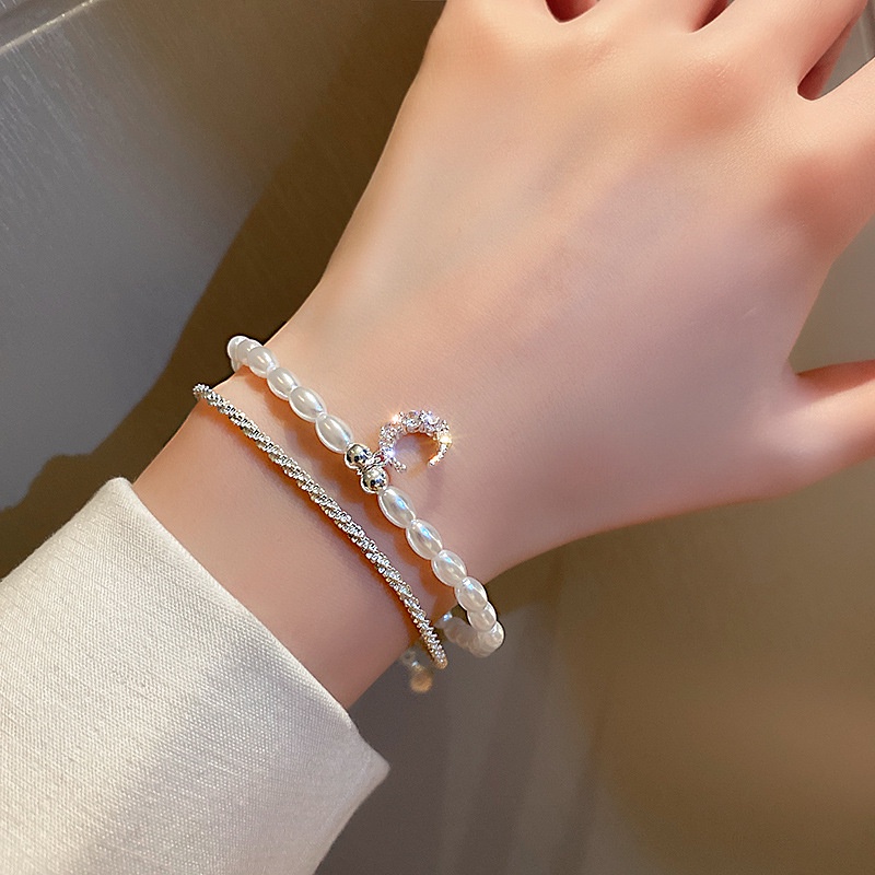 Berkilau Mutiara Zirkon Bulan Liontin Double-Layer Gelang Wanita Korea In Desain Gelang Perhiasan Aksesoris Hadiah