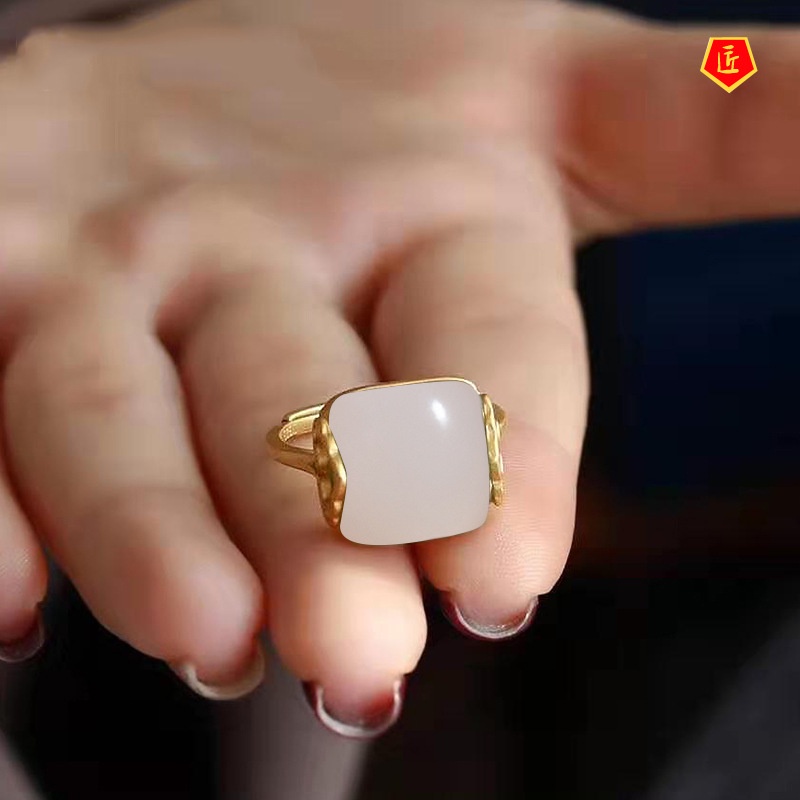 [Ready Stock]Elegant Hetian Jade Ring Women's Gold Retro Chinese Style