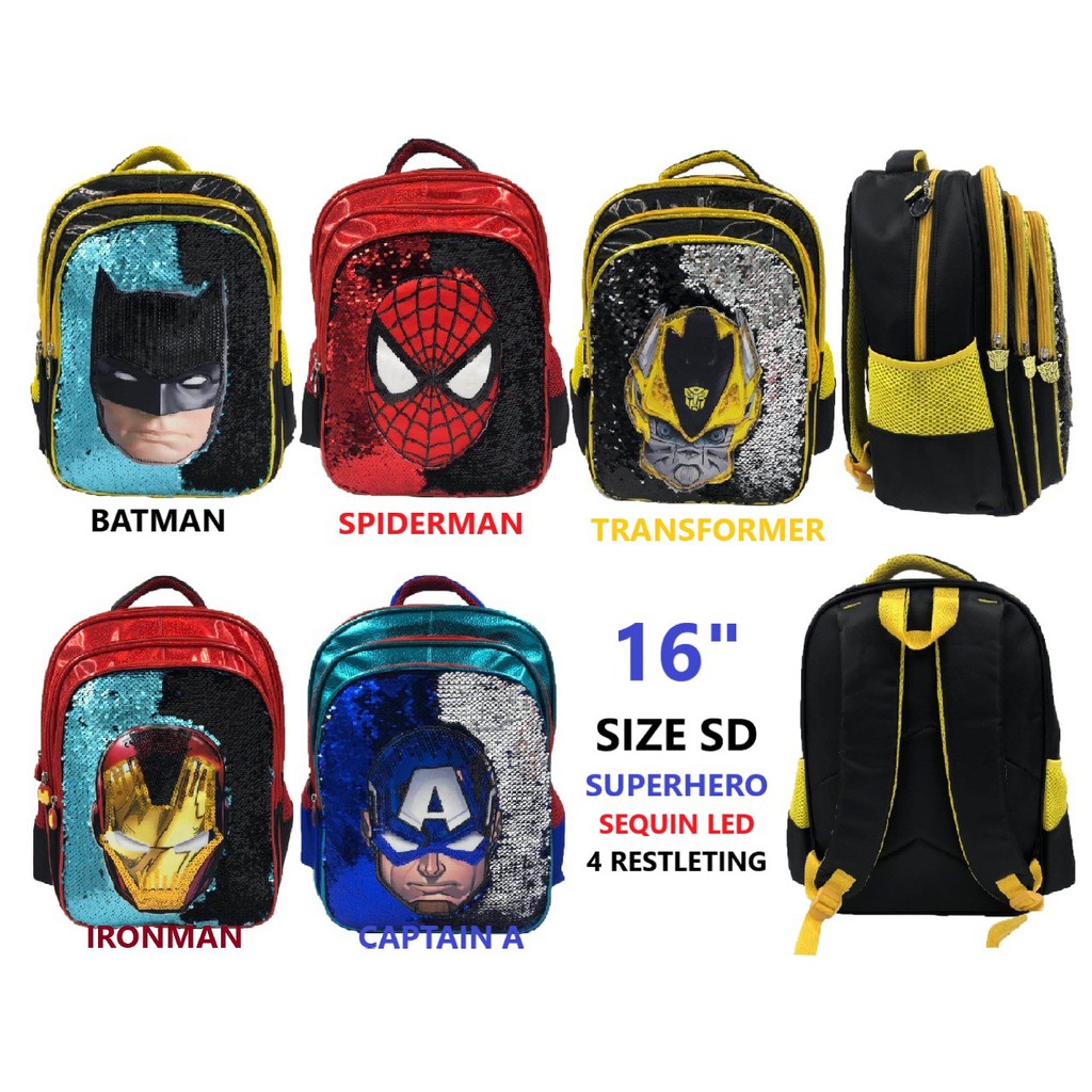  cod  tas ransel sekolah anak laki laki   cowok tk sd sequin led superhero terbaru import