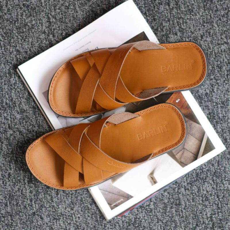 BRLN 004 Tan Sandal Pria Kulit Sapi Asli Sendal Slide Klasik Casual Formal