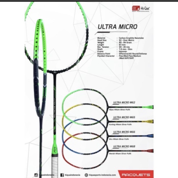 

Unik Raket Badminton HIQUA HQ ULTRA MICRO M62M65M66M68 kuat 32 lbs ORI - M62 HIJAU FLEX batanggrip Murah