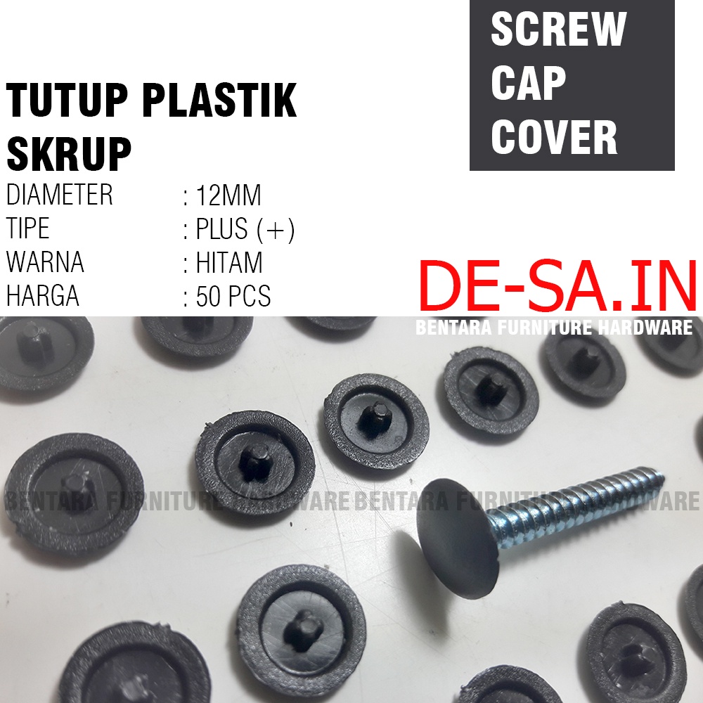 50 X Tutup Skrup Plastik Model Plus HITAM BLACK -  Dop Screw Cap Cover Plastik Sekrup Tapping Flat Head