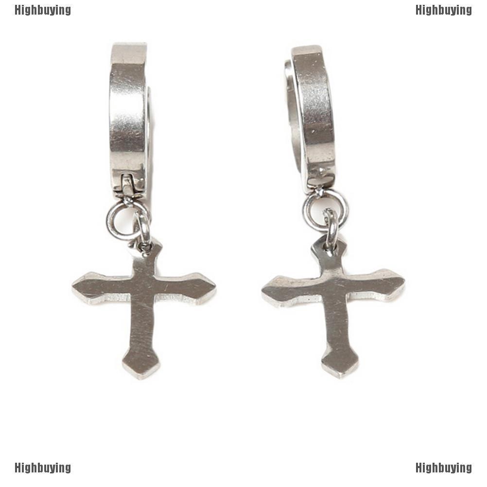 1pc / 2pcs Anting Klip Bahan Titanium Steel Bentuk Salib Untuk Pria