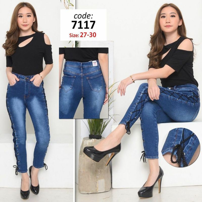 

#7117 FLOURIHS RIBBON JEANS PITA TERLARIS