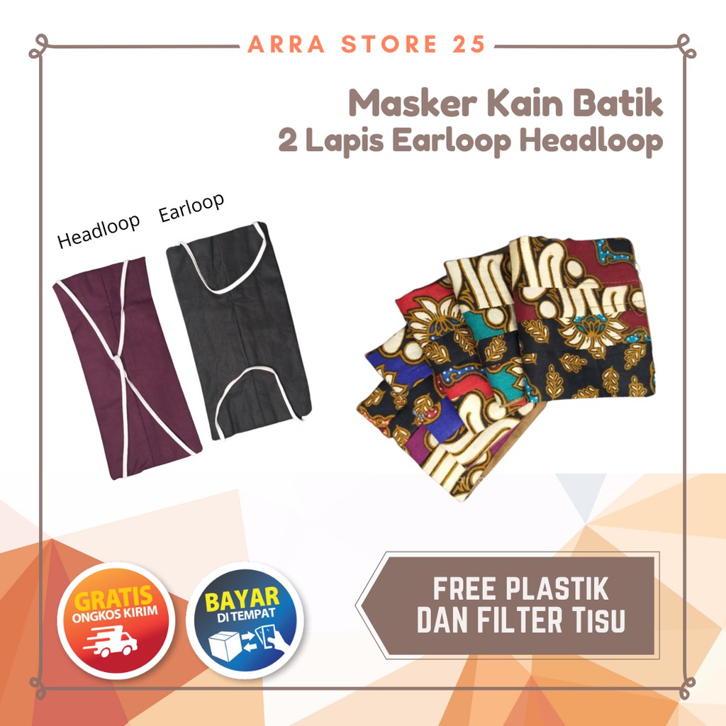 Masker kain Batik Sogan 2 lapis kain + 1 slot tissue earloop dan headloop (hijab) Ready stock