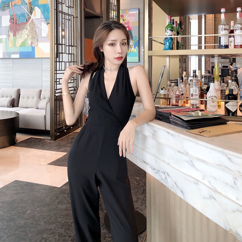 Korean Jumpsuit Black Sleeveless V-Neck Jumpsuit Hitam Tanpa Lengan 1288 (S/M/L)