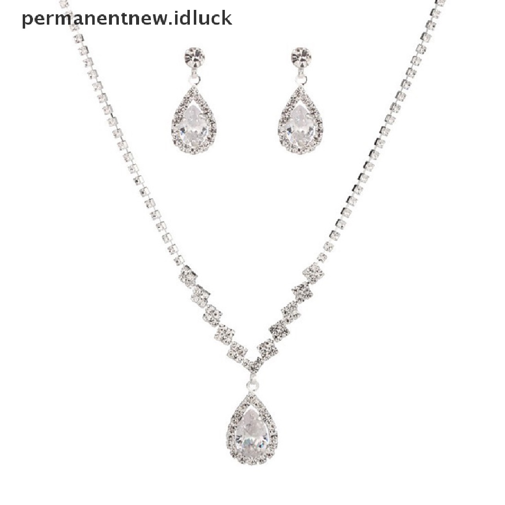 Set Perhiasan Kalung Anting Liontin Kristal Bentuk Tetesan Air Warna Silver Gaya Vintage Untuk Pernikahan