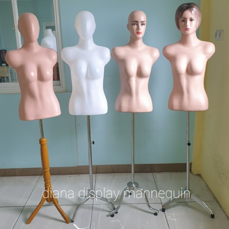 PATUNG MANEKIN BAJU TORSO WANITA DEWASA SETENGAH BADAN DENGAN KEPALA SET KAKI KAYU KAKI BESI