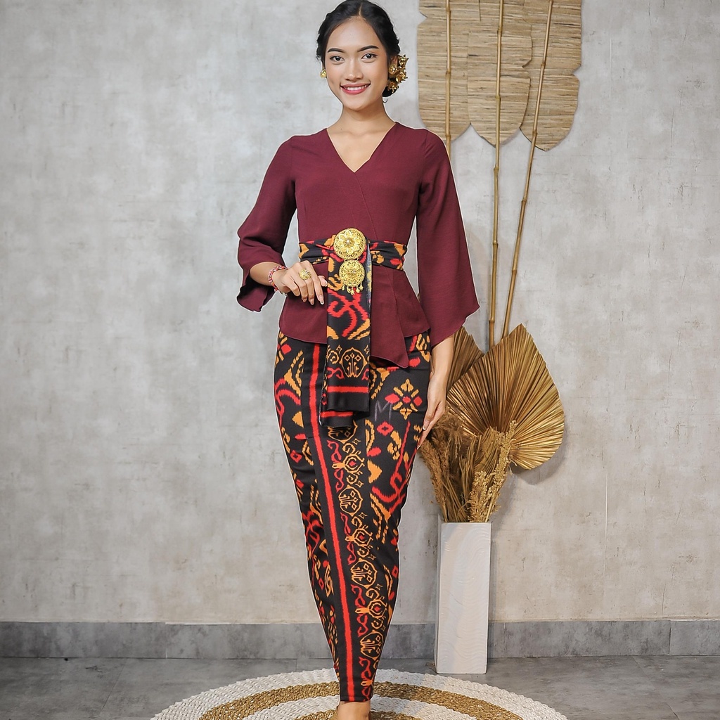 (kode 3) ONE SET KEBAYA JADI AIR FLOW KIMONO LONCENG+KAMEN MOSCREPE+SELENDANG-Maroon
