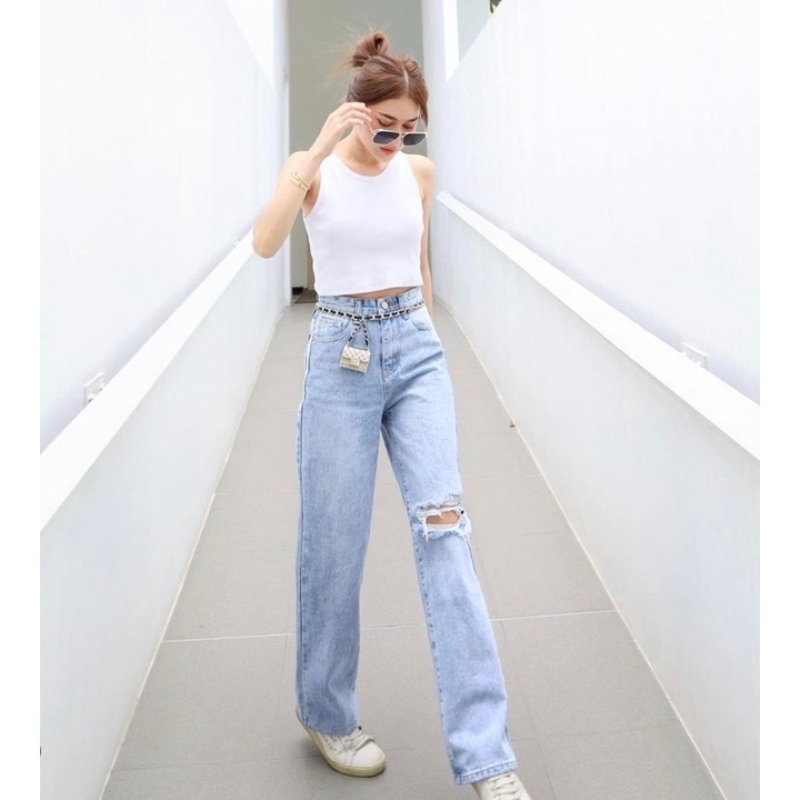 CELANA PANJANG KULOT JEANS HIGHWAIST SOBEK LONG BF ISHIKA LOOSE JEANS