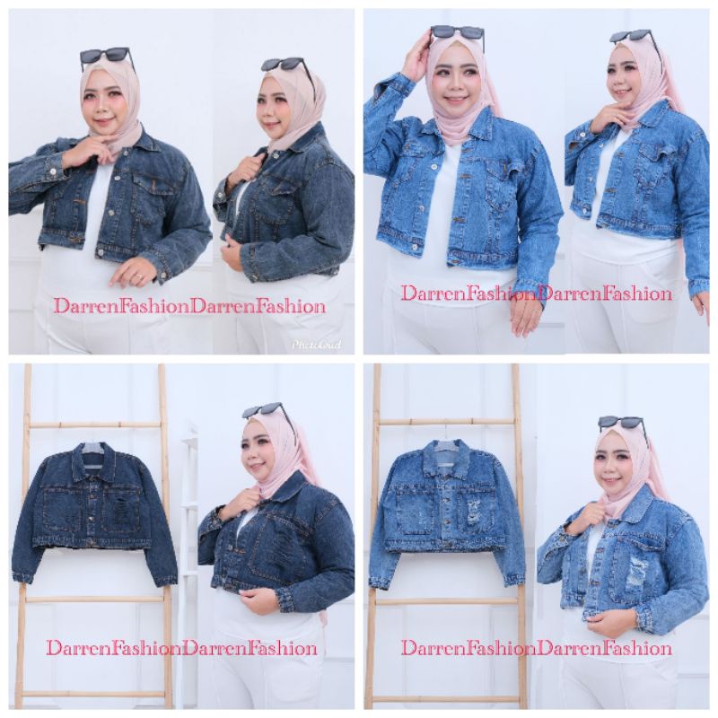 Jaket crop jumbo big size.Jaket Jeans Crop Wanita Jumbo LD120cm XXL fit XXL bahan denim tebal