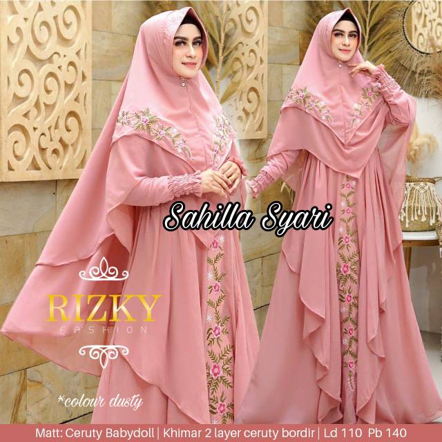 Sahilla Syari Baju Gamis Syar'i Set Khimar 2 Layer LD 110 XL Putih Pink Ceruty Babydoll Bordir Murah
