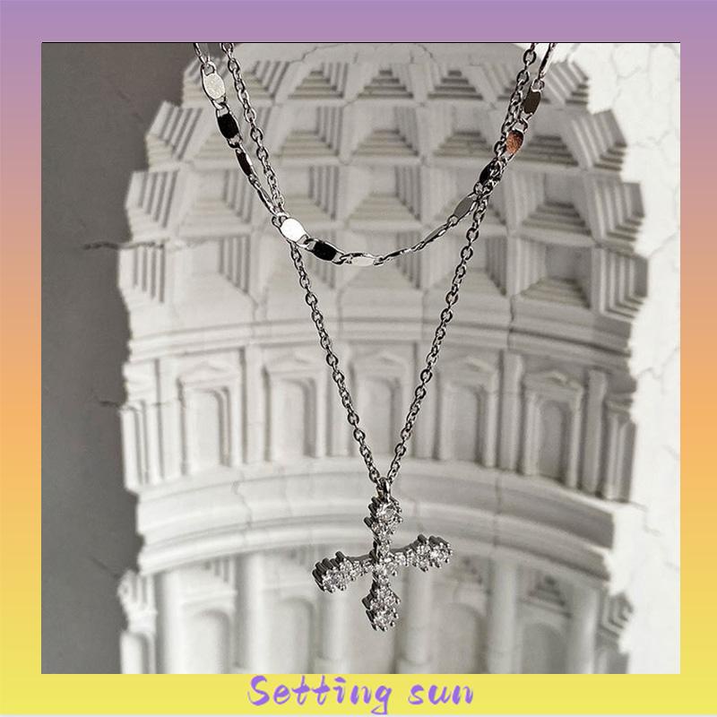 Kalung Liontin Salib Lapis Ganda Bahan Zirkon Gaya Hip Hop TN