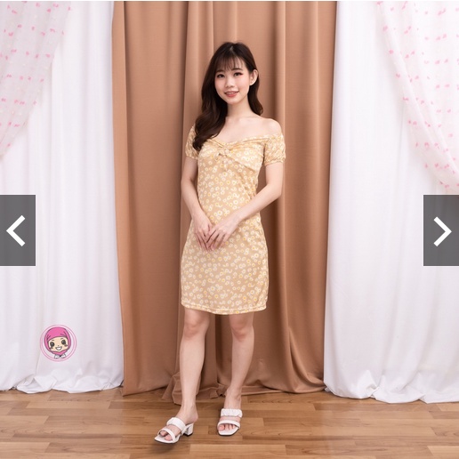 Dress V-Neck Midi Korea Model Sabrina | Dress A Line Print Daisy Lengan Puff