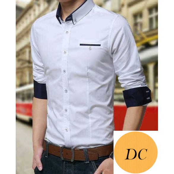 Baju kemeja keren pakaian pria kemeja slim fit warna putih