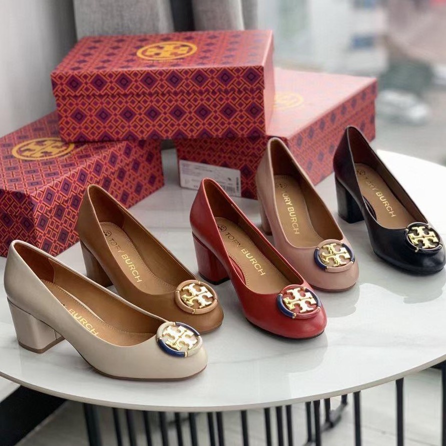 Jual Sepatu Tory Burch Multi Logo Pump Block Heel Cream Hitam Coklat