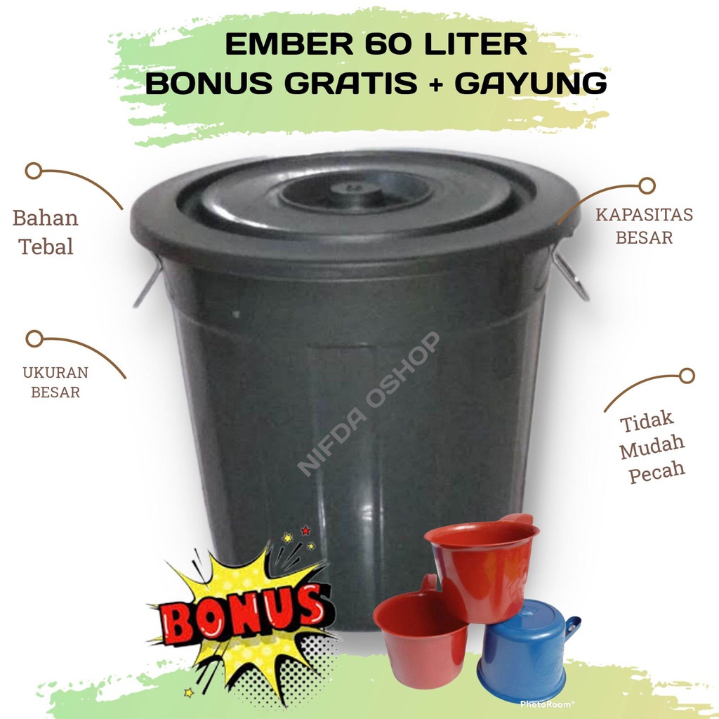 EMBER TUTUP PLASTIK BESAR JUMBO 60 LITER ( GRATIS GAYUNG ) BAHAN TEBAL AWET