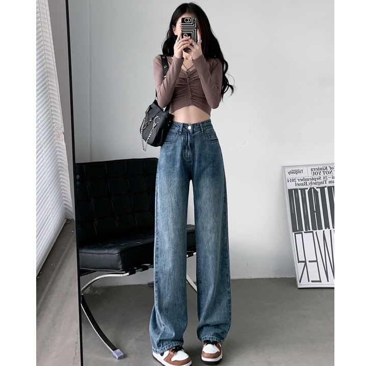 Biru retro korean style kekinian import loose straight celana jeans panjang wanita