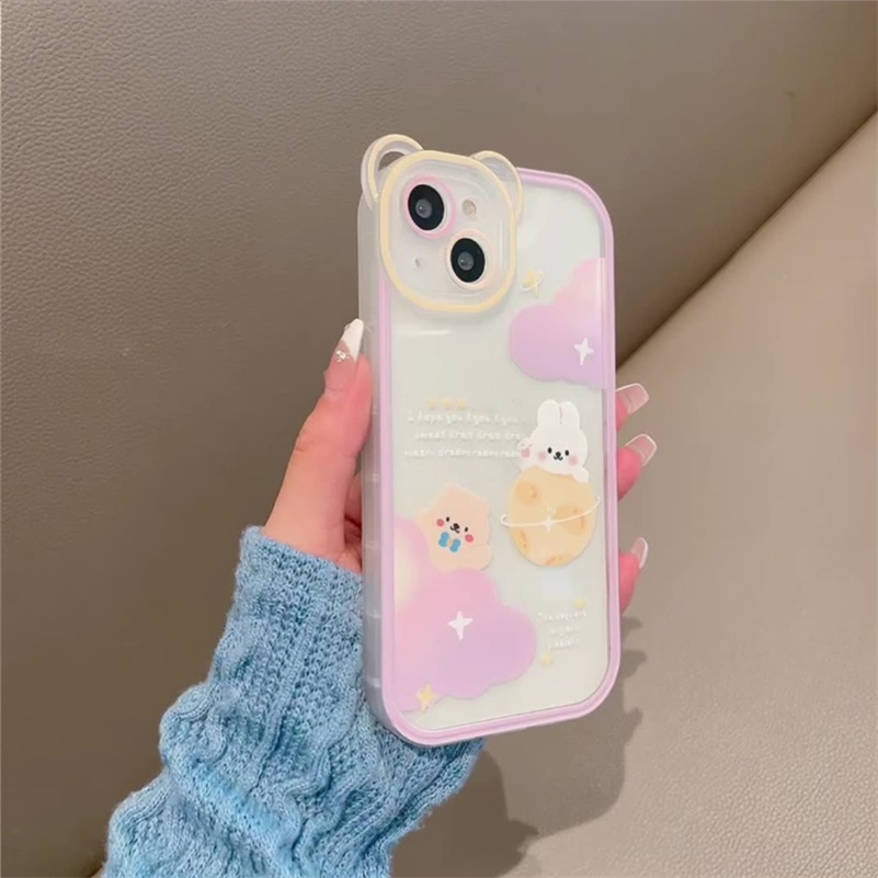 Soft Case TPU Transparan Motif Bulan Kelinci Beruang Untuk iPhone 13 12 11 Pro Max X Xr Xs Max SE 2020 8 7 6 6s Plus