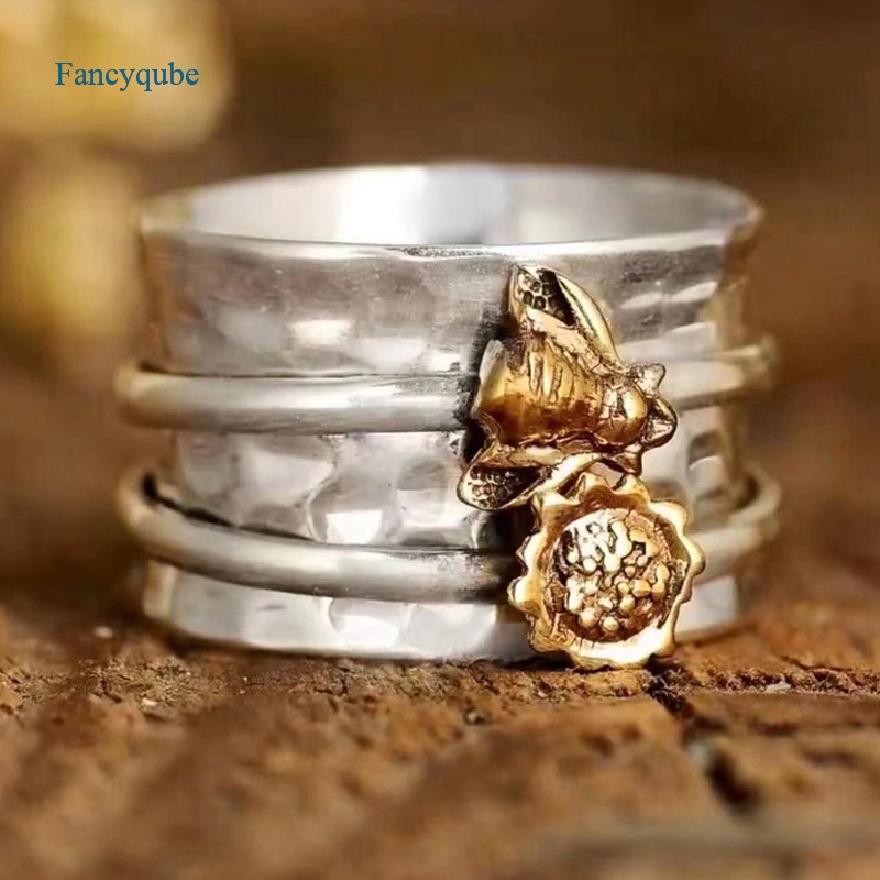 Fancyqube Cincin Model Lebar Motif Bunga Lebah Kecil Gaya Bohemian Etnik Untuk Wanita