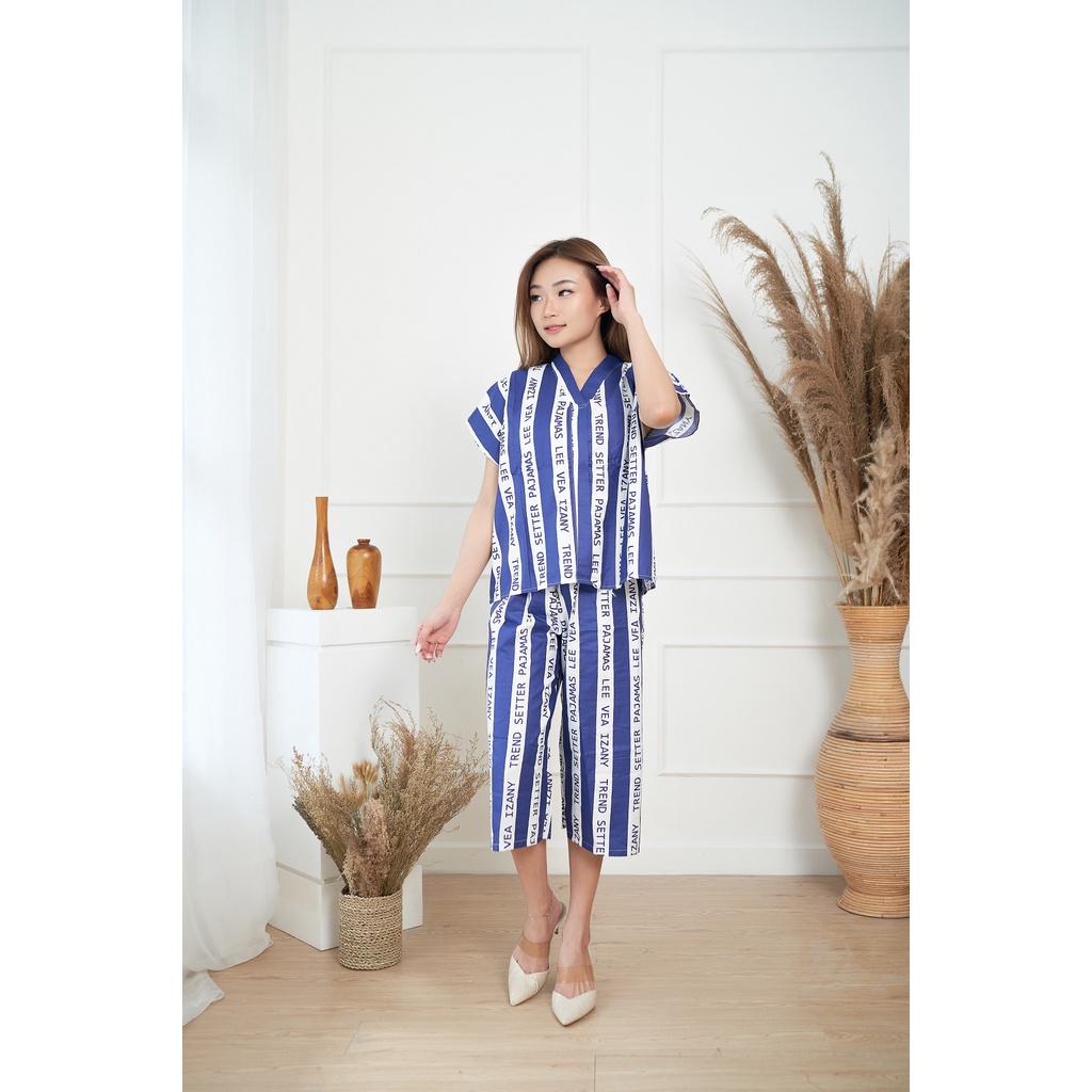 IZANY Piyama Dewasa Kimono Kulot / SET Kimono Kulot V Banyak Motif-LEEVEA NAVY