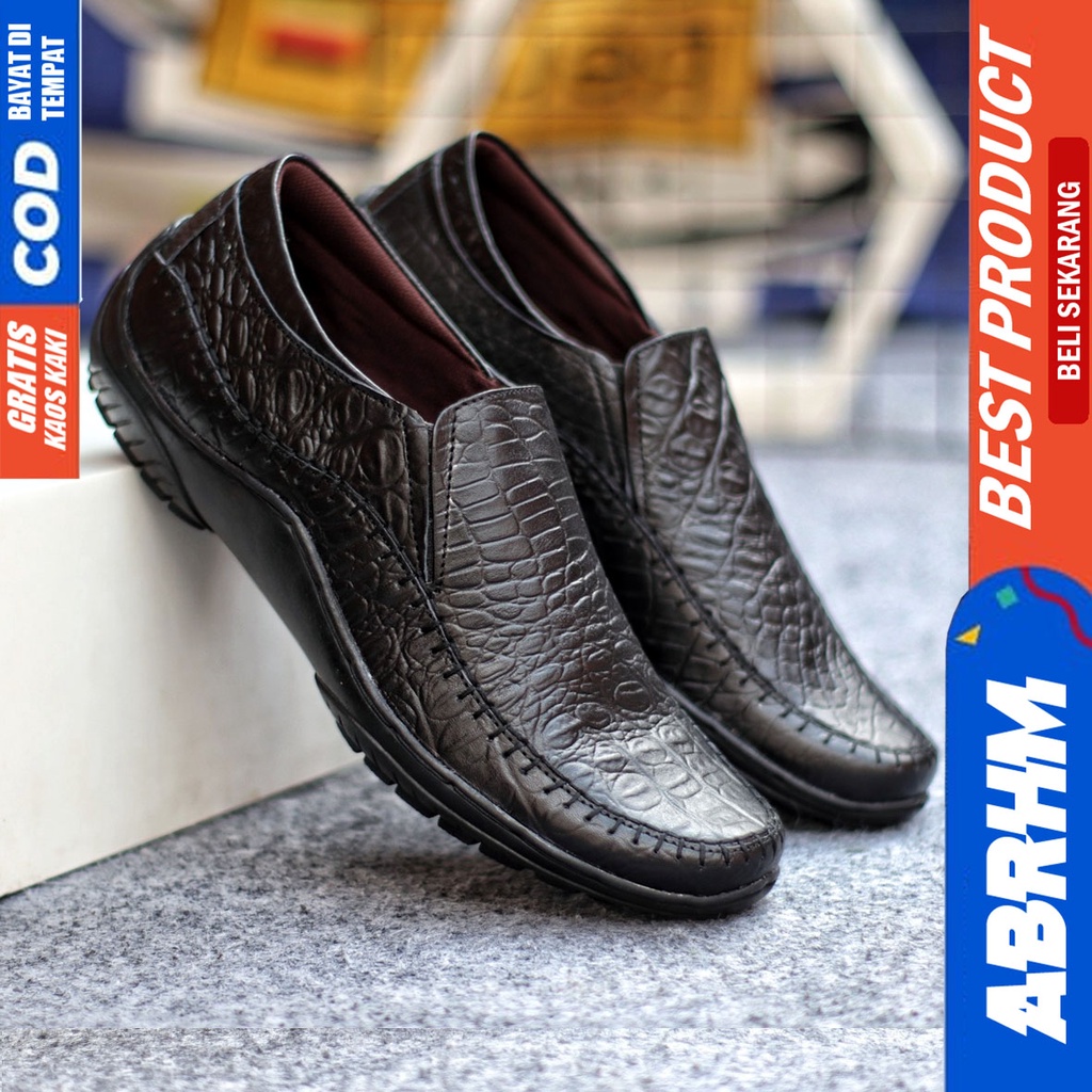 Sepatu Casual Pria Formal Slip On Pantofel Kulit Asli Kerja Kantor Kondangan Kuliah Hitam Fashion Shoes Terbaru Murah Kekinian Original CROCO ABRHM