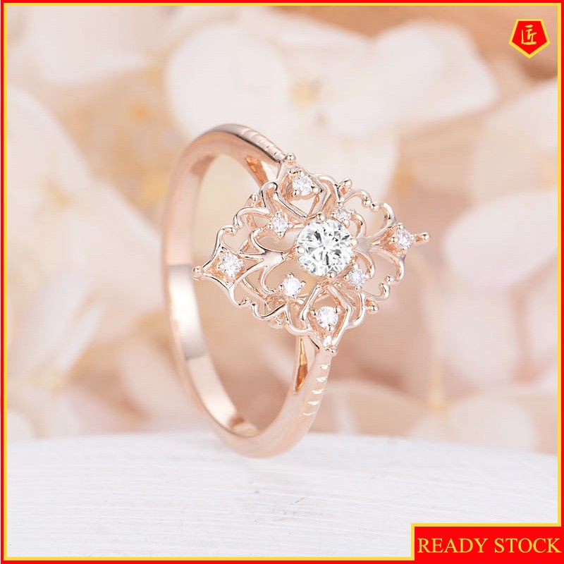 [Ready Stock]8K Gold Diamond Studded Hollow Flower Ring 925 Silver