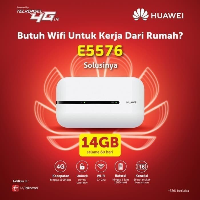 Mifi Modem Wifi 4G All Operator Huawei E5576 Free Telkomsel Kuota 14GB