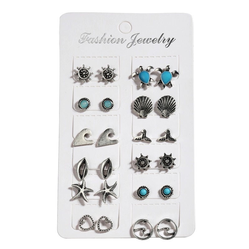 12 Pasang / Set Anting Tusuk Retro Boho Bentuk Kurakura / Bintang Laut / Kerang Untuk Wanita